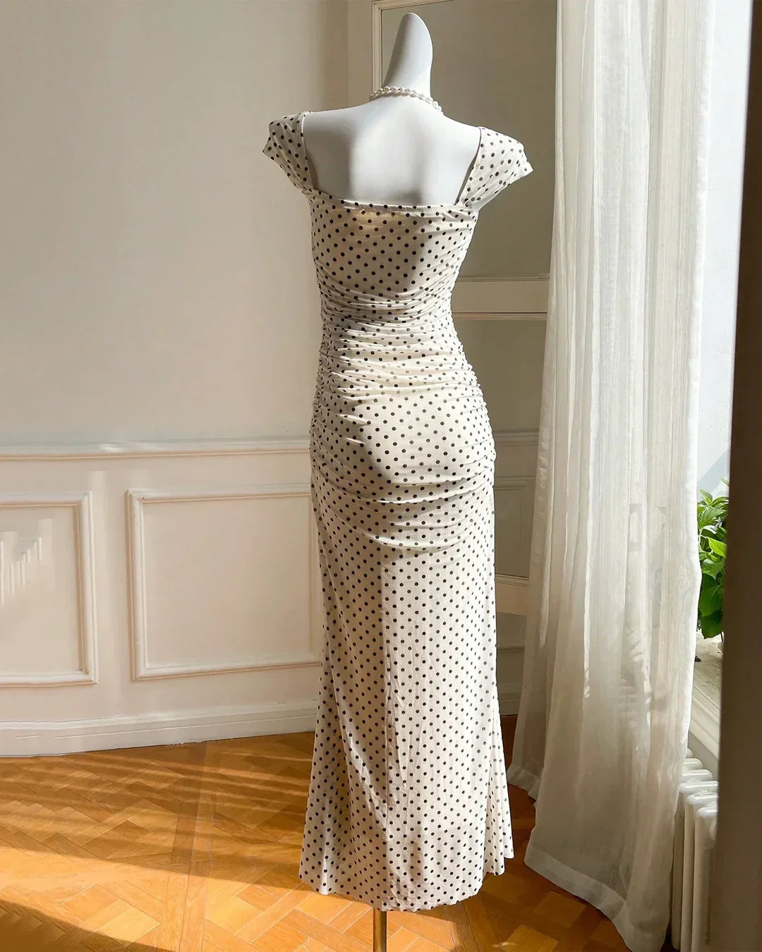 White Polka Dot Square Neck Short Sleeve Slit Maxi Dress