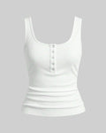 White Ribbed Scoop Neck Tank Top with Buttons