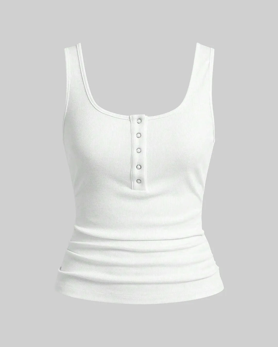 White Ribbed Scoop Neck Tank Top with Buttons
