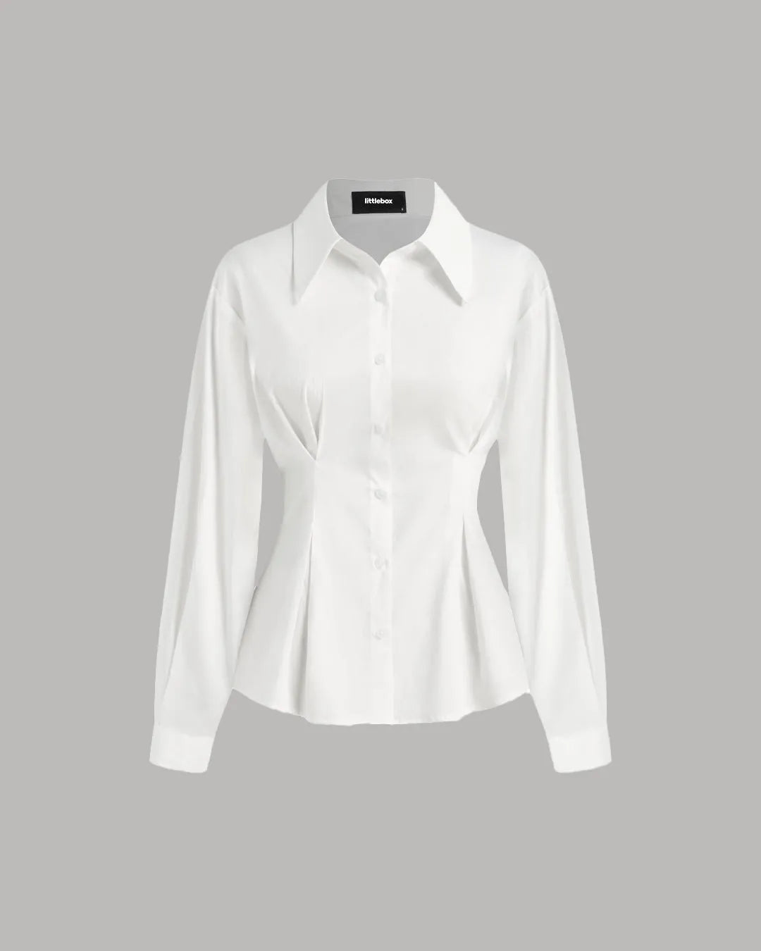 White Shirt with Pleated Peplum Waist and Button Closure