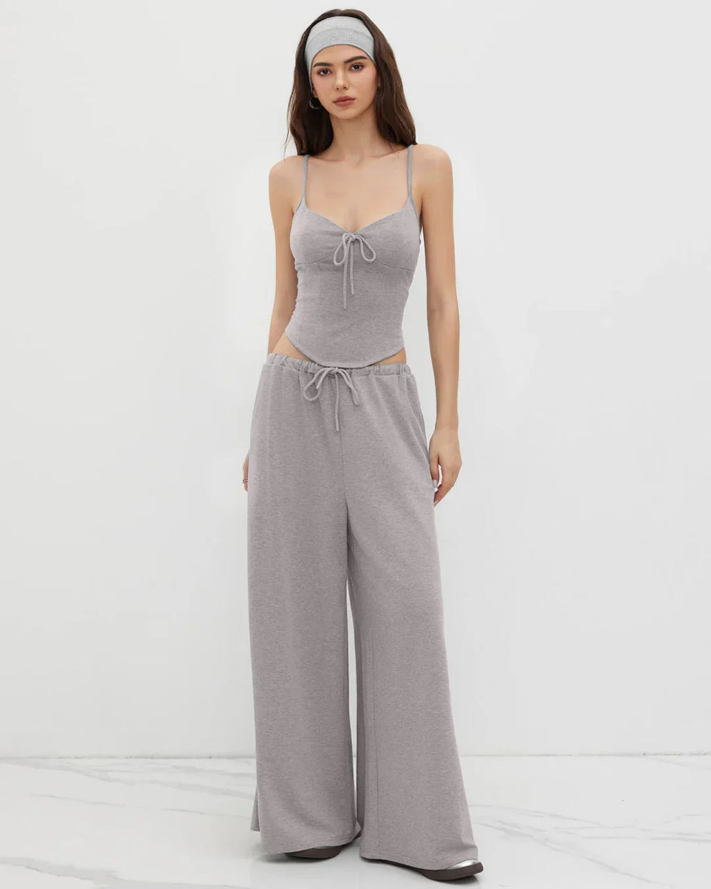 Wide Leg Pants and Top Casual Sweetheart Neck Long in Grey
