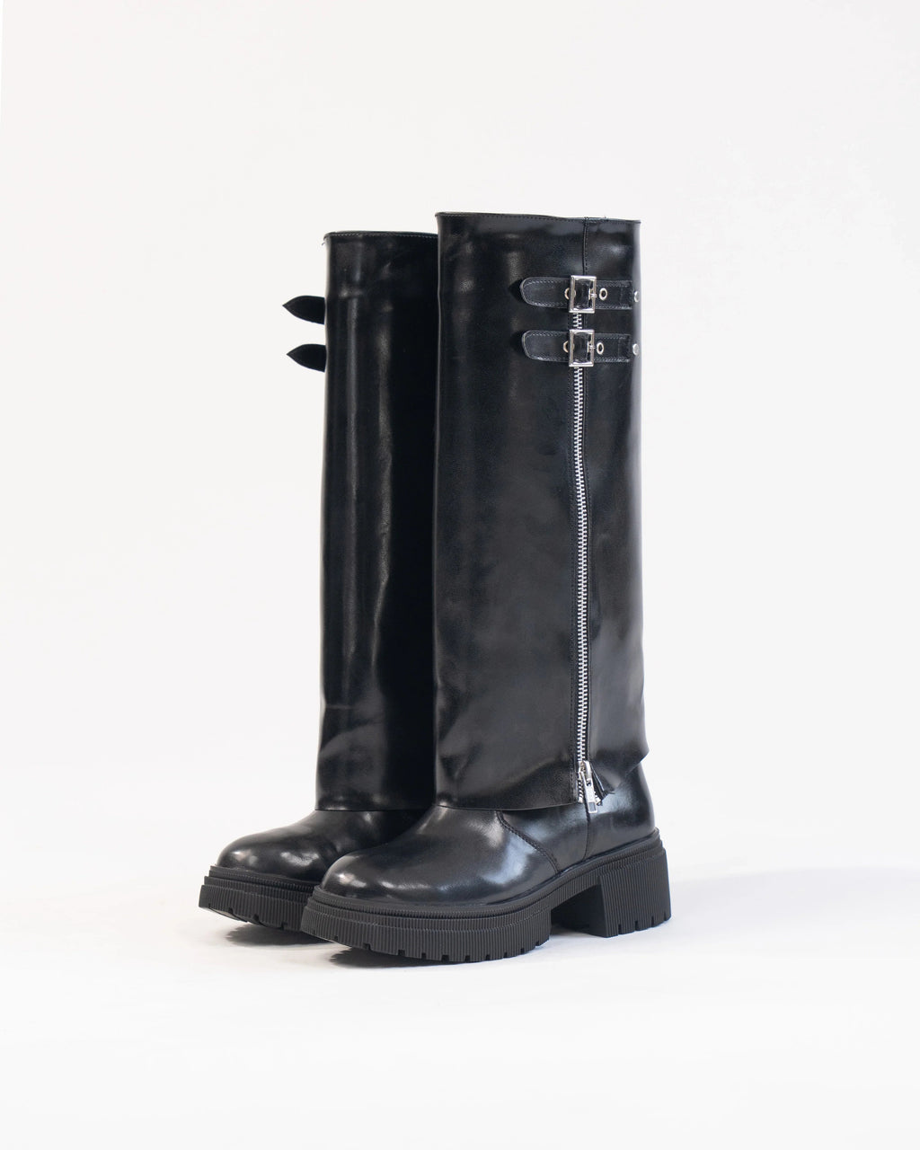Women Black Wide Calf Knee High Chunky Low Heel Riding Boot