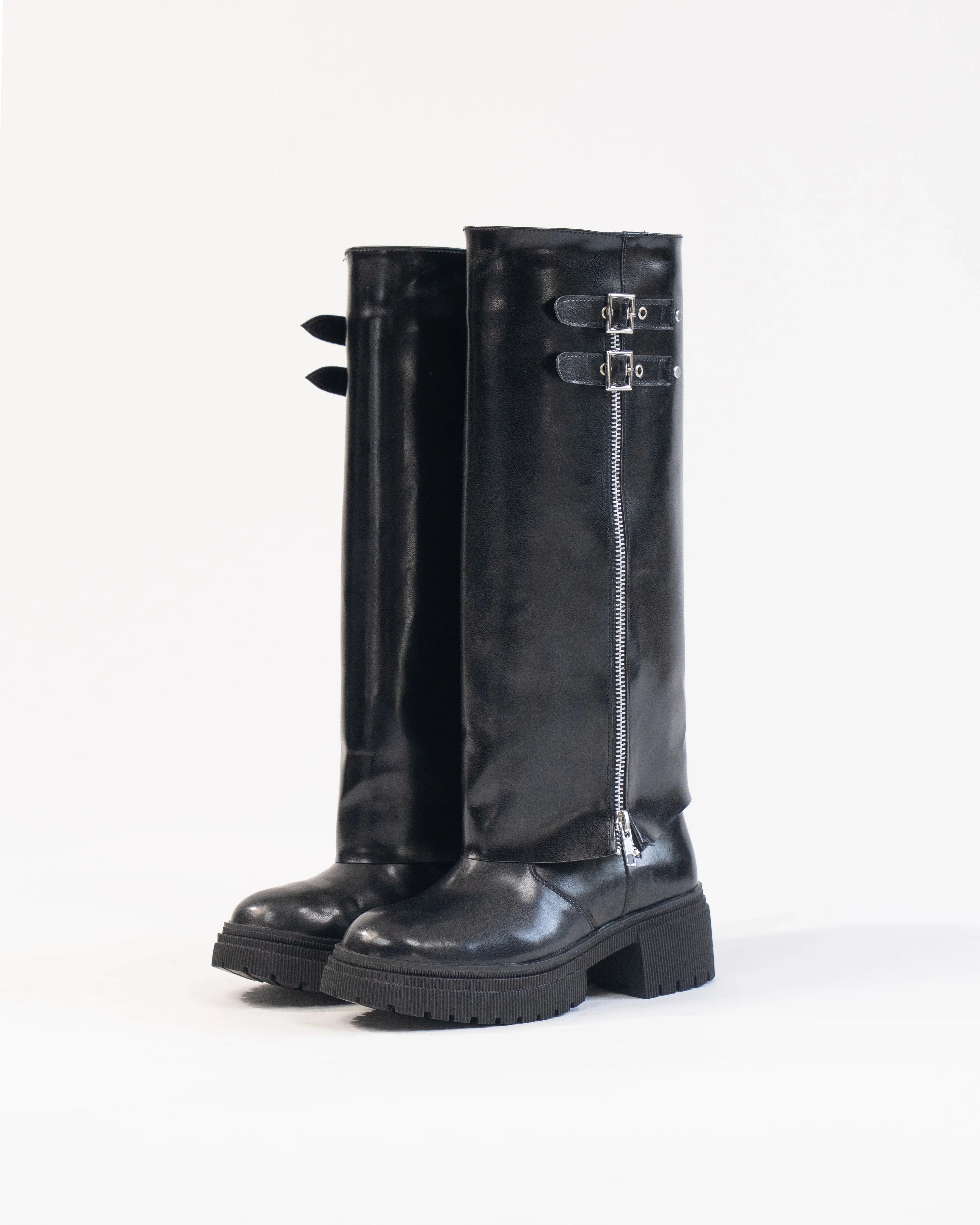 Women Black Wide Calf Knee High Chunky Low Heel Riding Boot