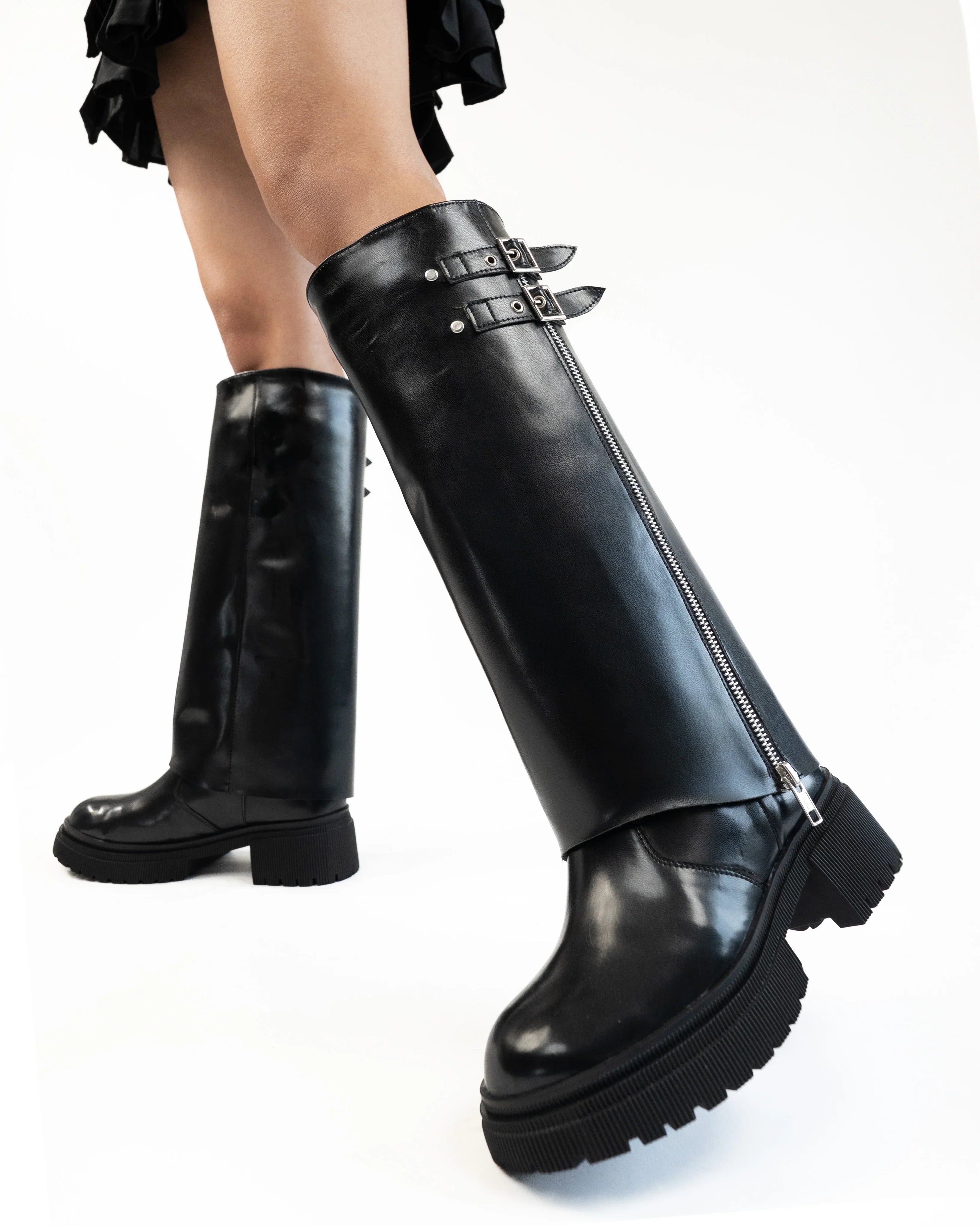 Women Black Wide Calf Knee High Chunky Low Heel Riding Boot