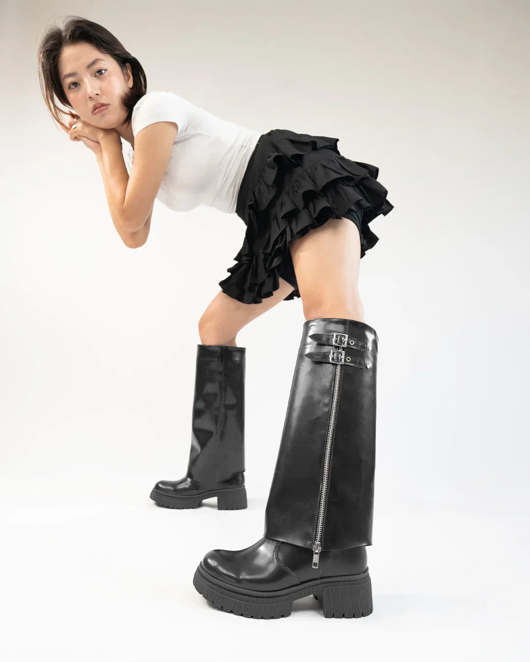 Women Black Wide Calf Knee High Chunky Low Heel Riding Boot