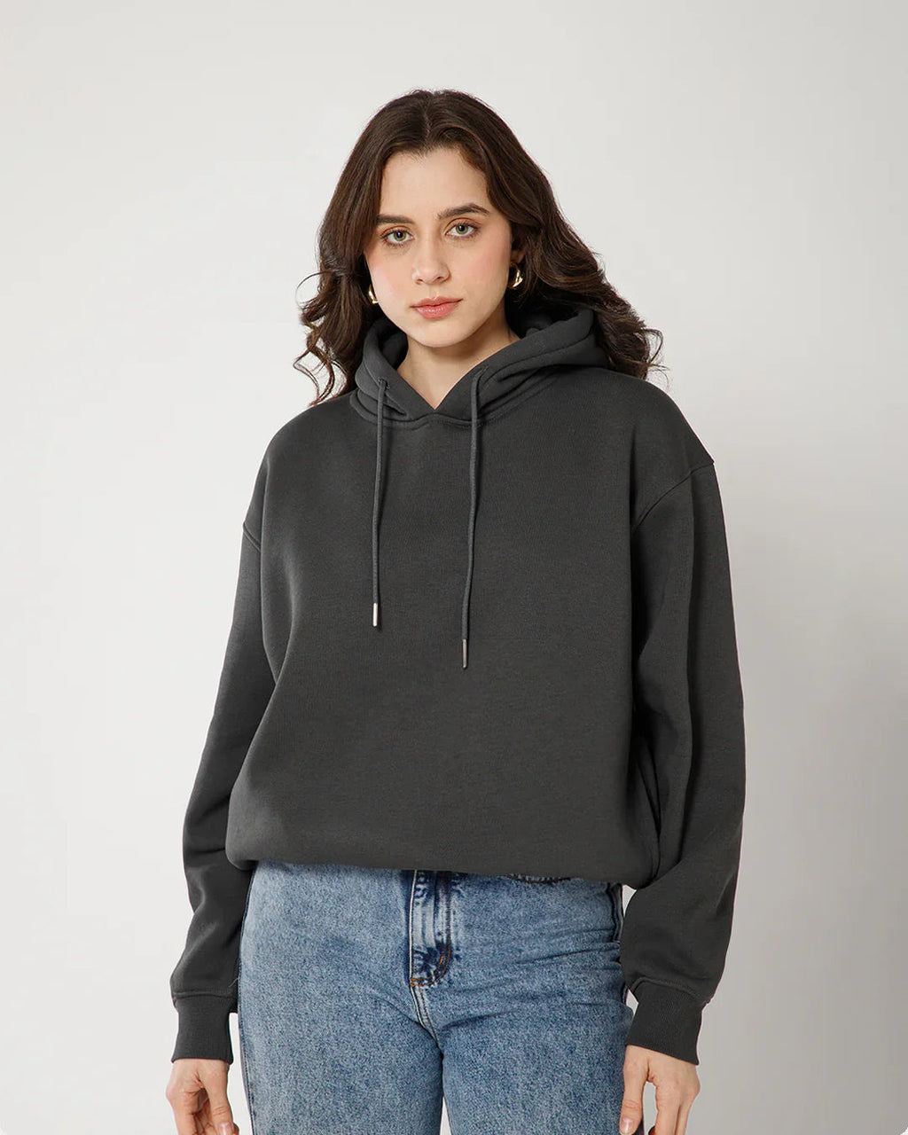 Womens Solid Drawstring Full Sleeve Hoodie in Grey