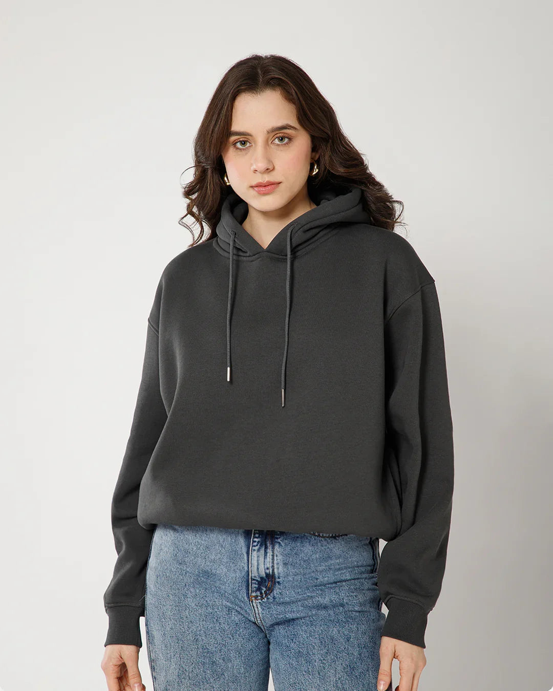 Womens Solid Drawstring Full Sleeve Hoodie in Grey