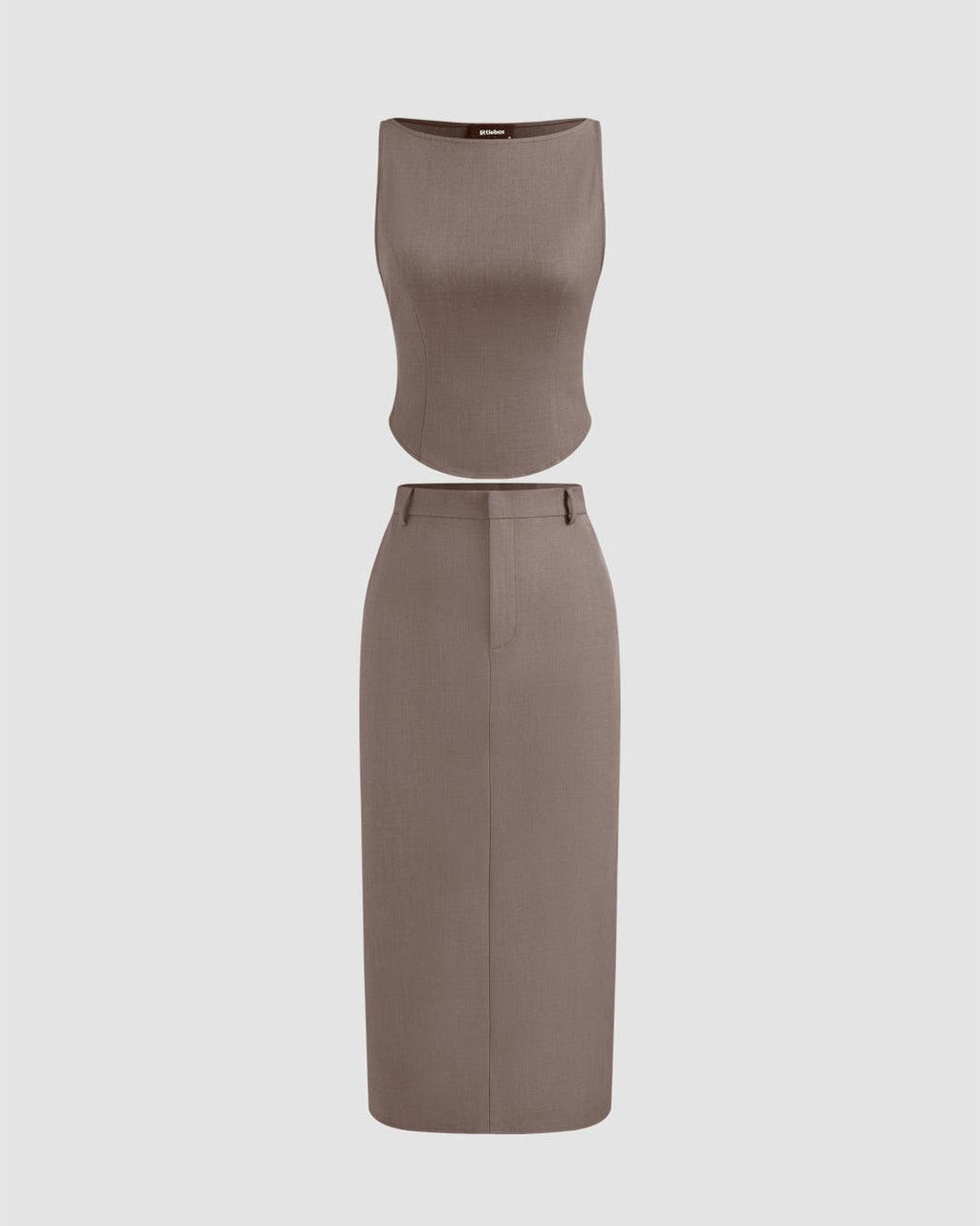 Woven Boat Neck Solid Tank Top & High Rise Split Maxi Skirt In Cappuccino