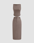 Woven Boat Neck Solid Tank Top & High Rise Split Maxi Skirt In Cappuccino