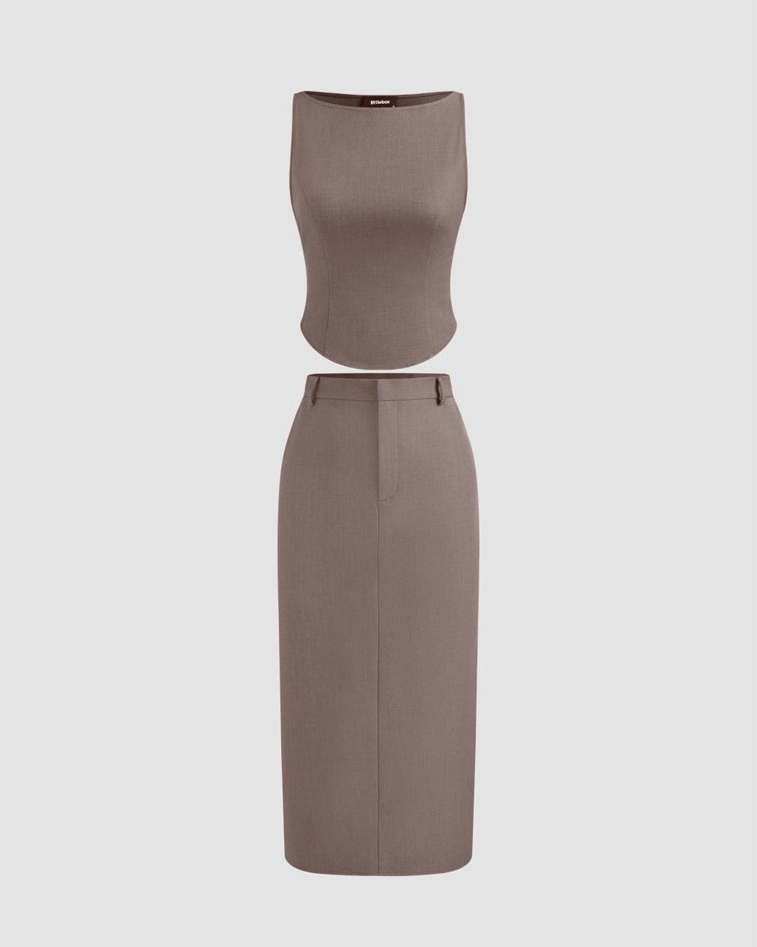 Woven Boat Neck Solid Tank Top & High Rise Split Maxi Skirt In Cappuccino