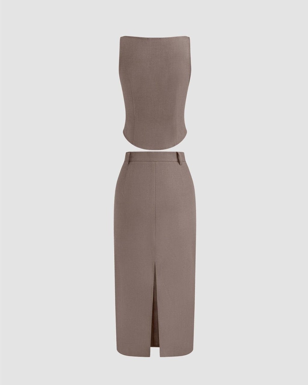 Woven Boat Neck Solid Tank Top & High Rise Split Maxi Skirt In Cappuccino