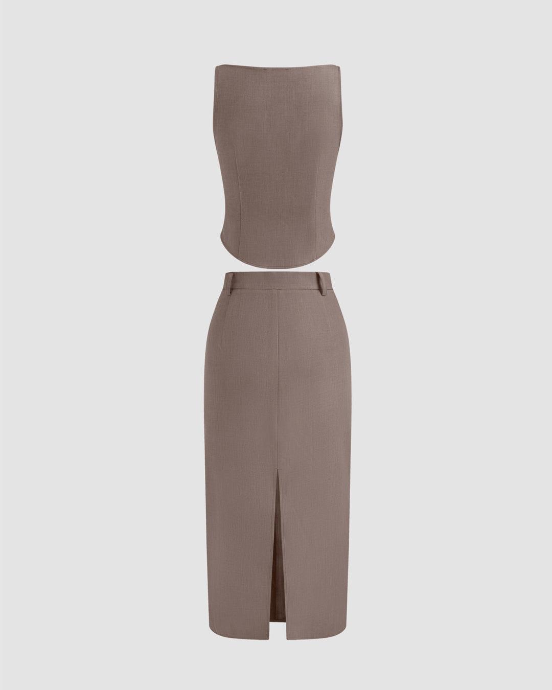 Woven Boat Neck Solid Tank Top & High Rise Split Maxi Skirt In Cappuccino
