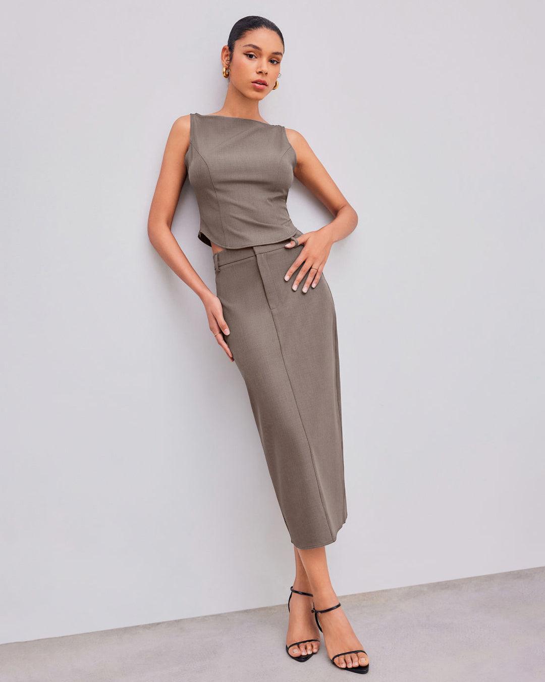 Woven Boat Neck Solid Tank Top & High Rise Split Maxi Skirt In Cappuccino