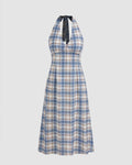 Woven Halter Check Knotted Midi Dress