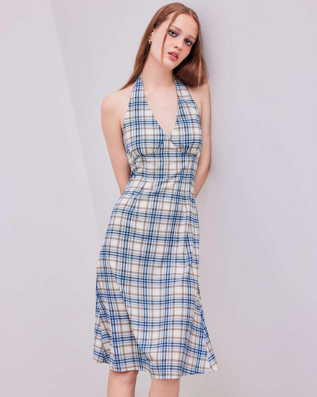 Woven Halter Check Knotted Midi Dress
