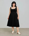 Woven Square Neck Solid Ruffle Long Black Midi Dress Curve & Plus