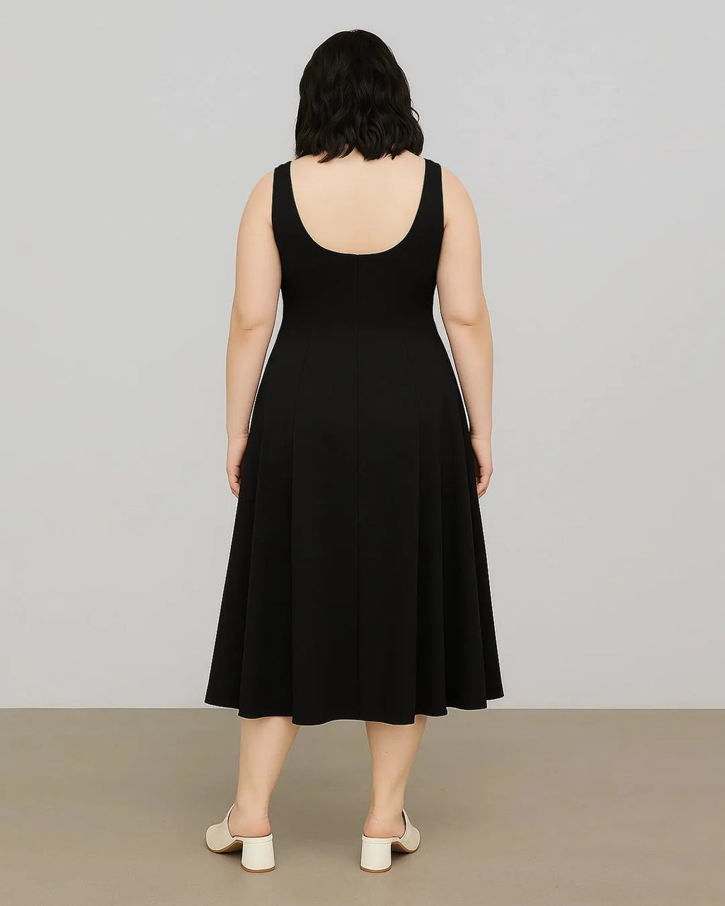Woven Square Neck Solid Ruffle Long Black Midi Dress Curve & Plus