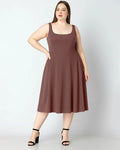 Woven Square Neck Solid Ruffle Long Brown Midi Dress Curve & Plus