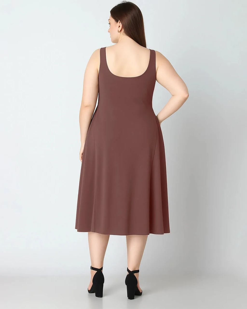 Woven Square Neck Solid Ruffle Long Brown Midi Dress Curve & Plus