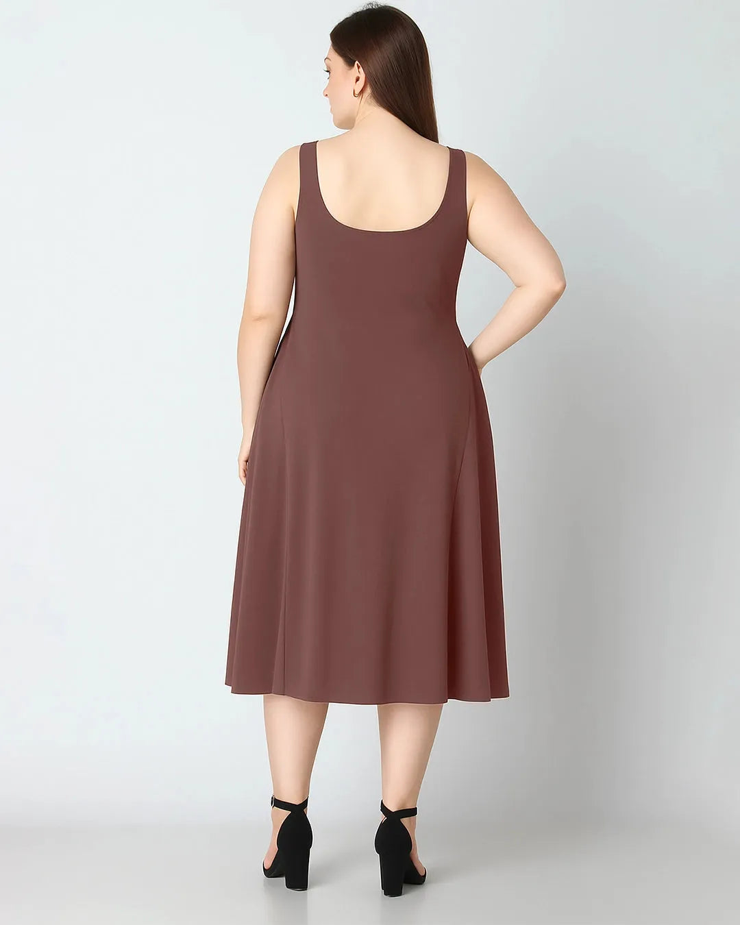 Woven Square Neck Solid Ruffle Long Brown Midi Dress Curve & Plus