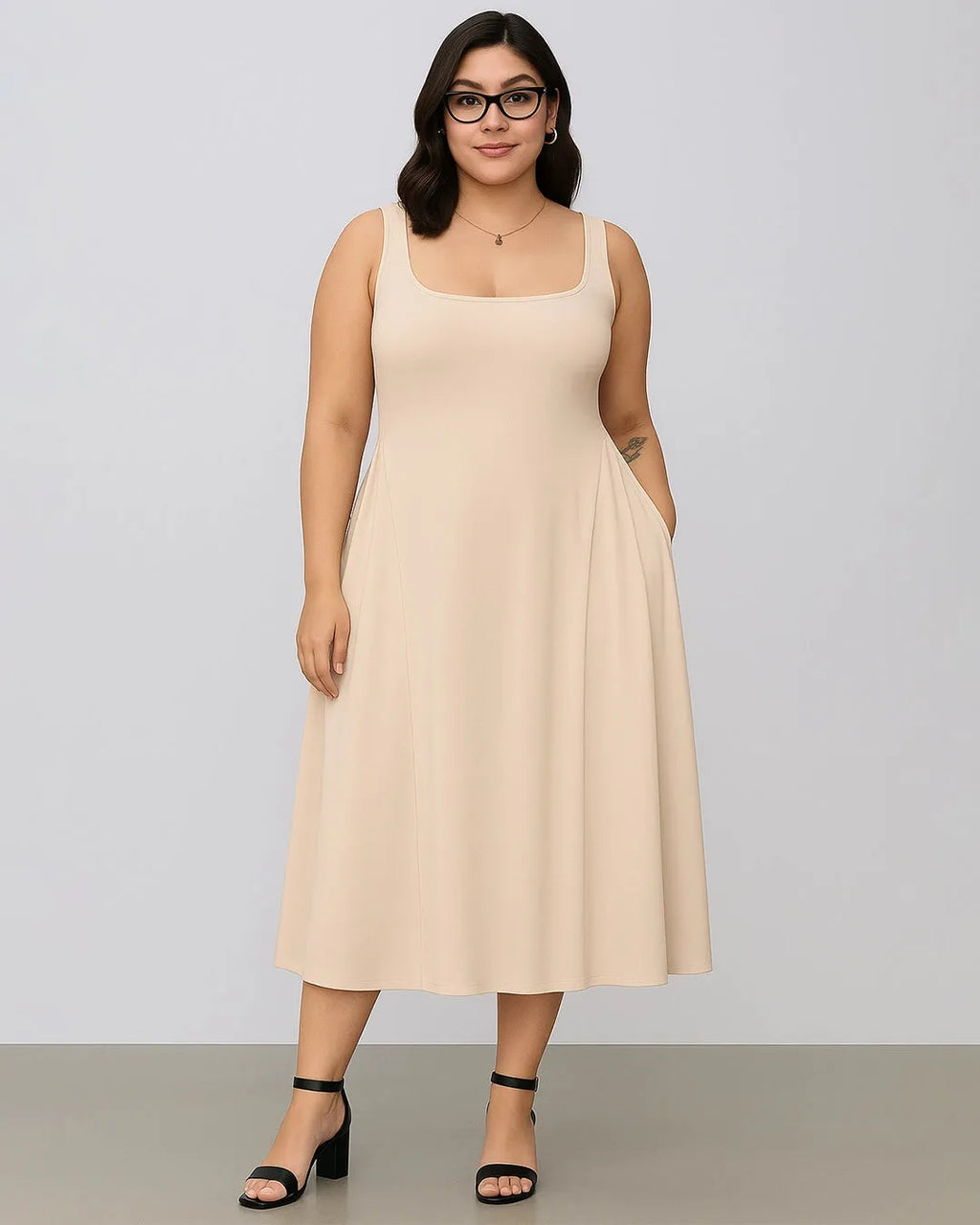 Woven Square Neck Solid Ruffle Long Off-White Midi Dress Curve & Plus
