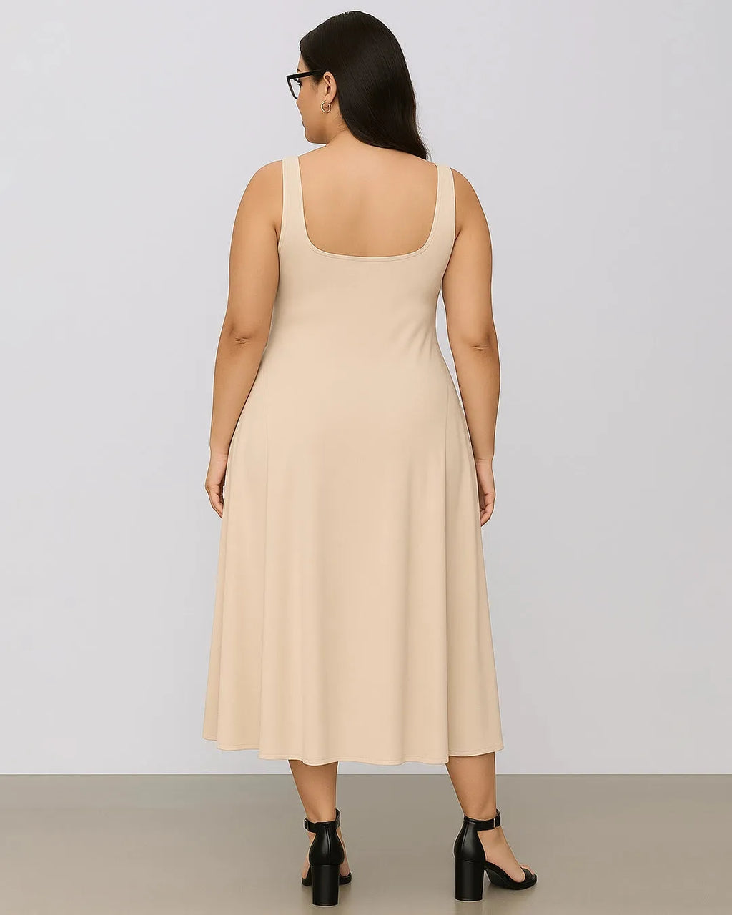 Woven Square Neck Solid Ruffle Long Off-White Midi Dress Curve & Plus