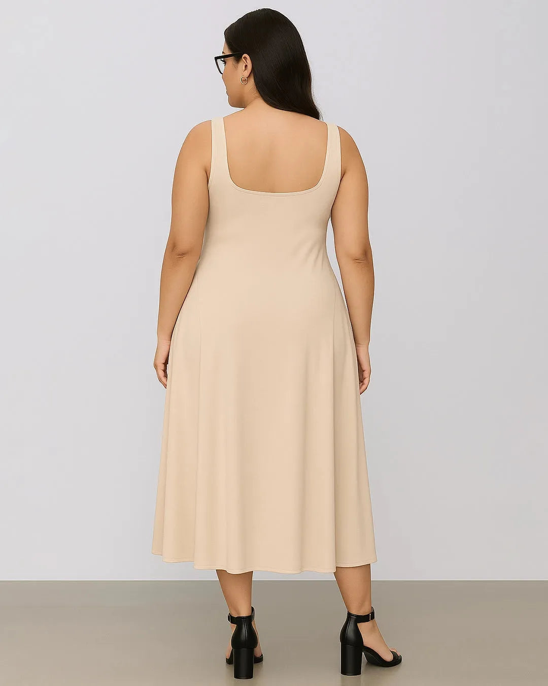 Woven Square Neck Solid Ruffle Long Off-White Midi Dress Curve & Plus