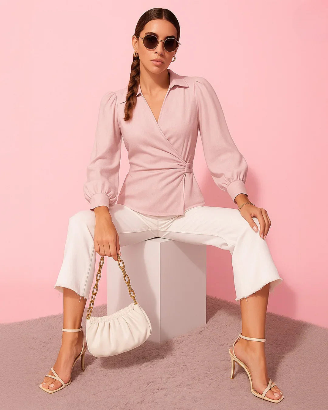 Wrap Style Collared Neck Full Sleeve Shirt in Pink