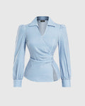 Wrap Style Collared Neck Striped Full Sleeve Top in Blue and White