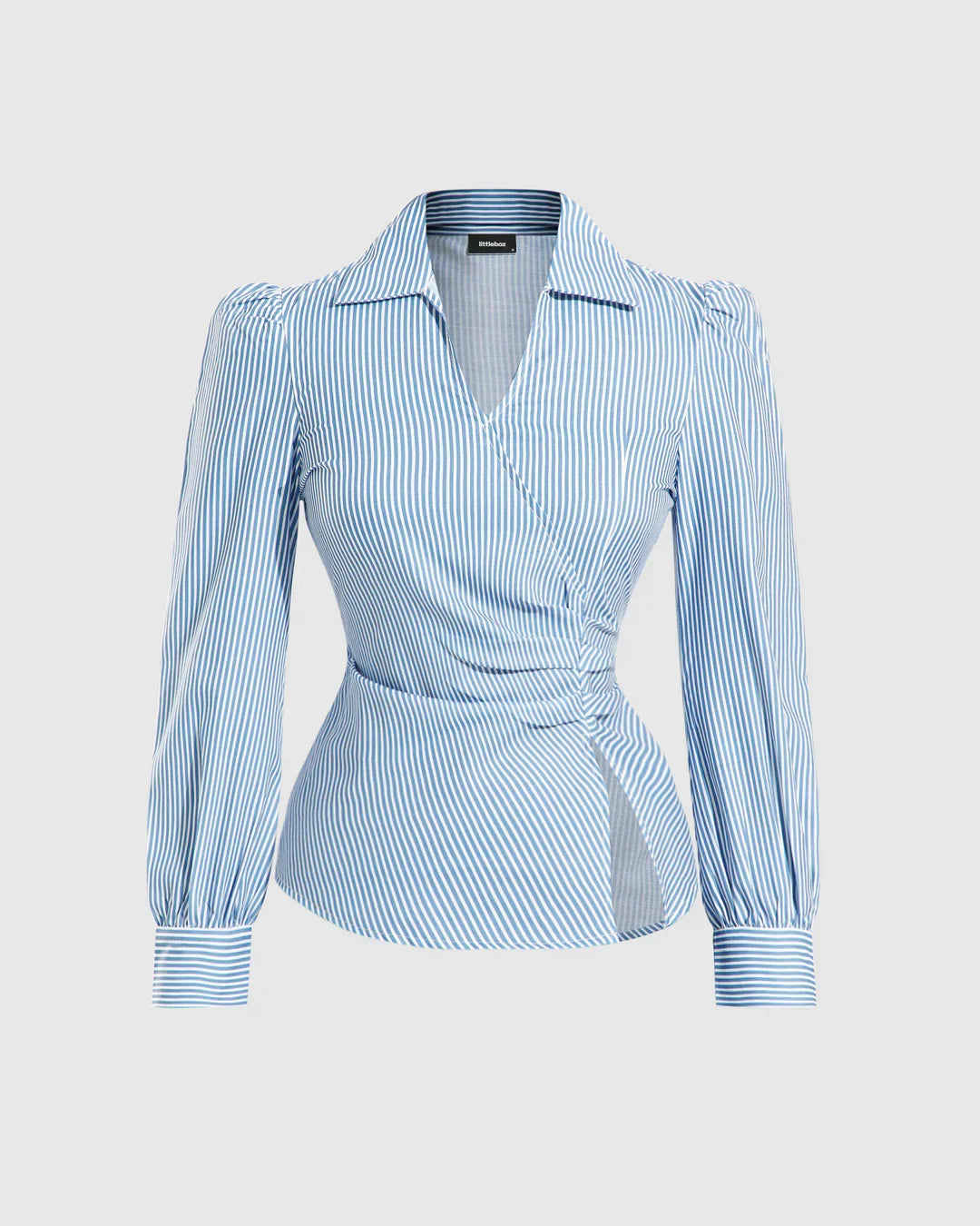 Wrap Style Collared Neck Striped Full Sleeve Top in Blue and White