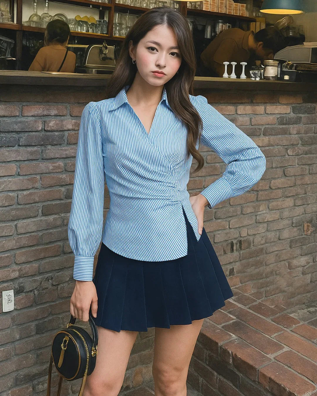 Wrap Style Collared Neck Striped Full Sleeve Top in Blue and White