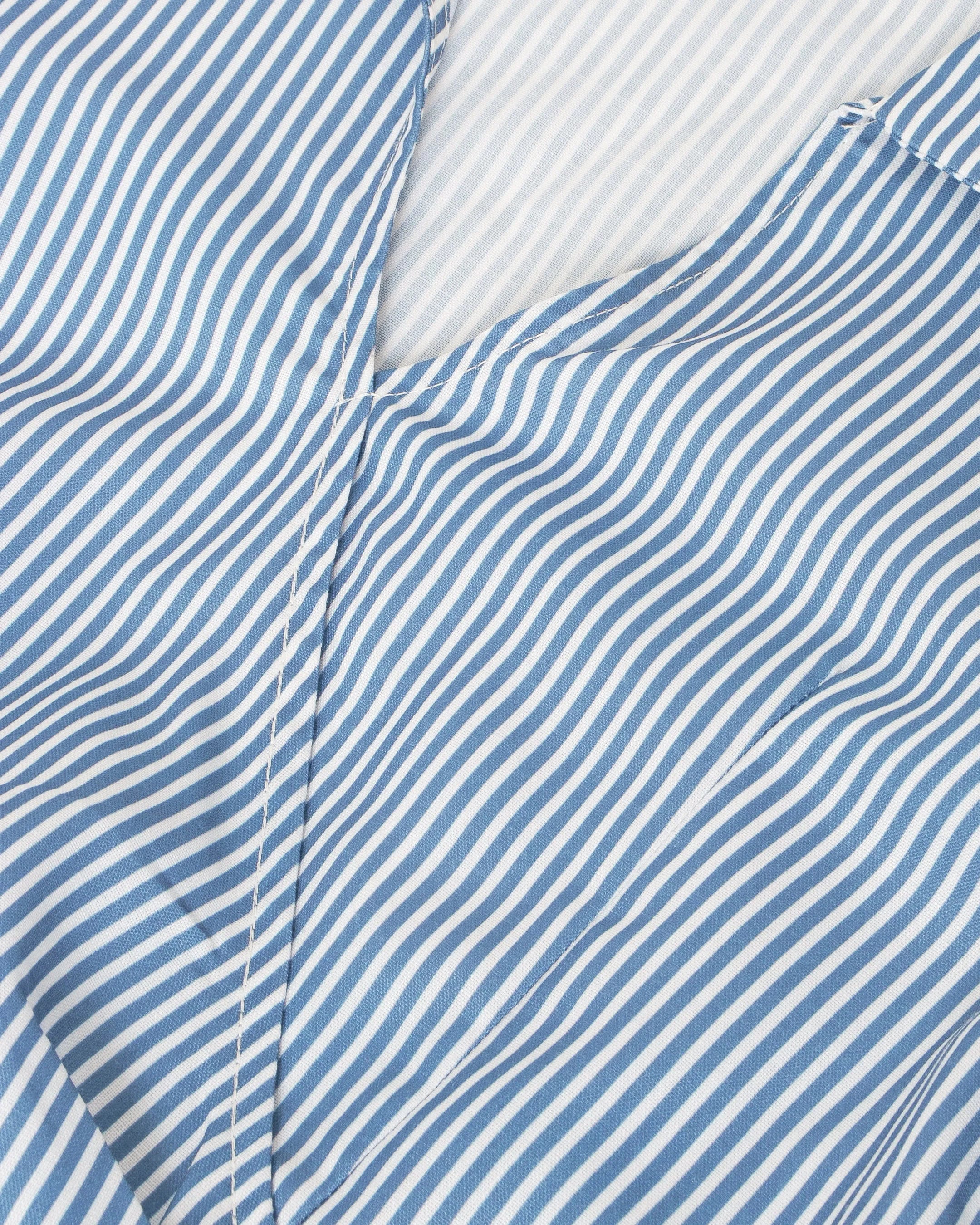 Wrap Style Collared Neck Striped Full Sleeve Top in Blue and White