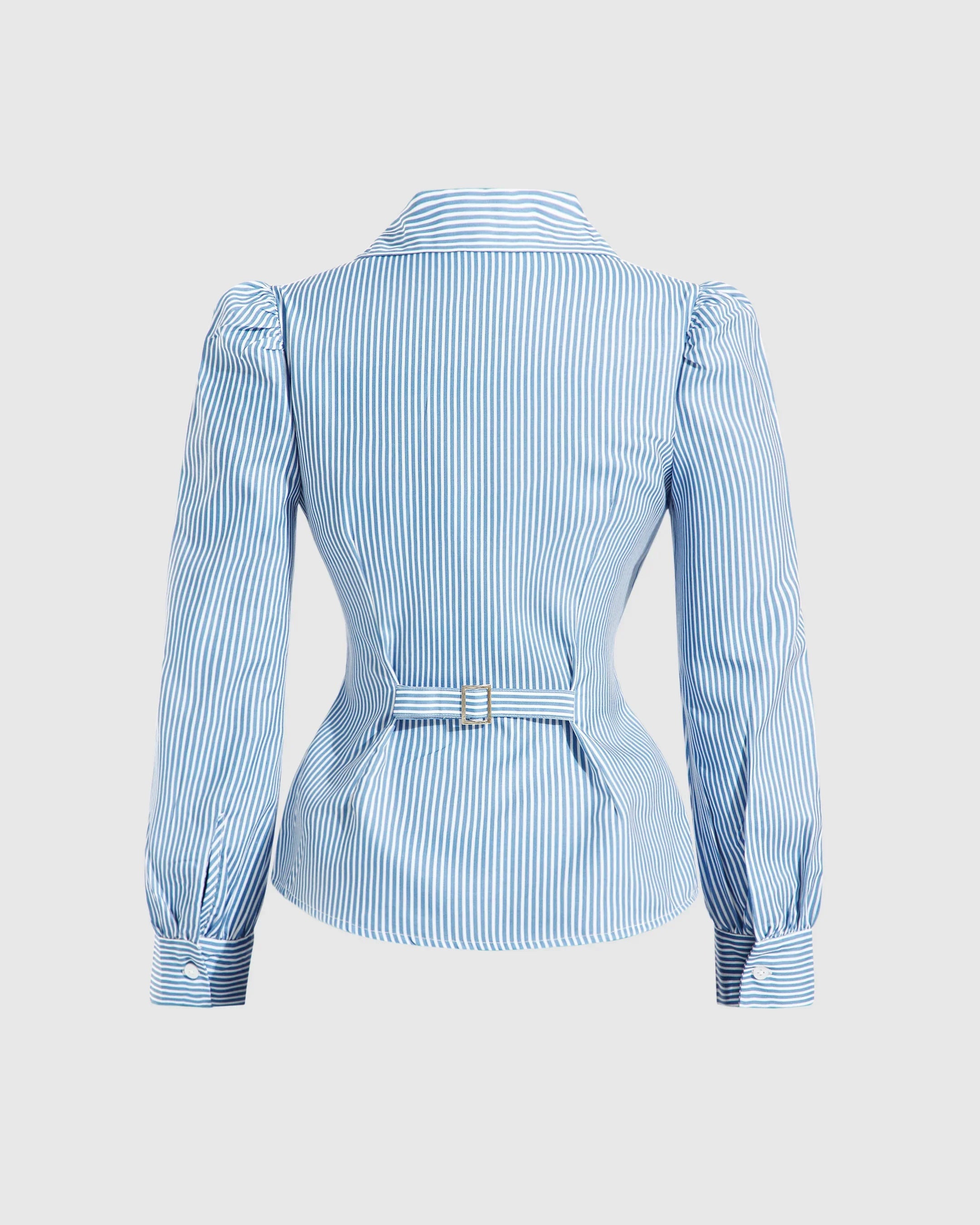 Wrap Style Collared Neck Striped Full Sleeve Top in Blue and White