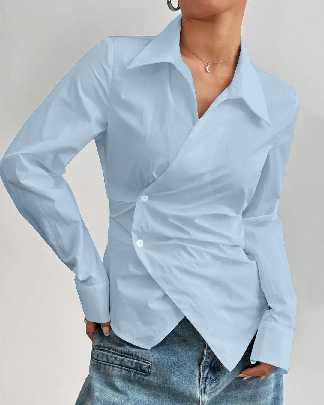 Wrap Style Collared V Neck Full Sleeve Shirt in Sky Blue