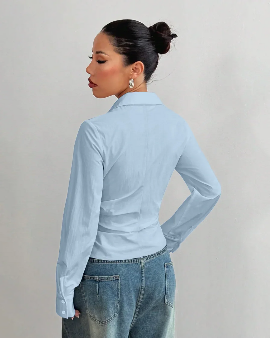 Wrap Style Collared V Neck Full Sleeve Shirt in Sky Blue