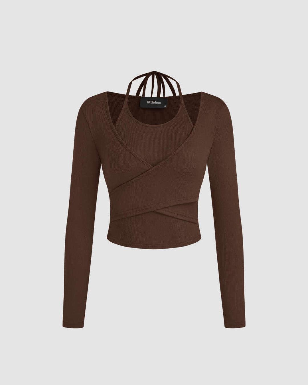 Wrap Style Long Sleeve Crop Top with Neck Tie in Brown