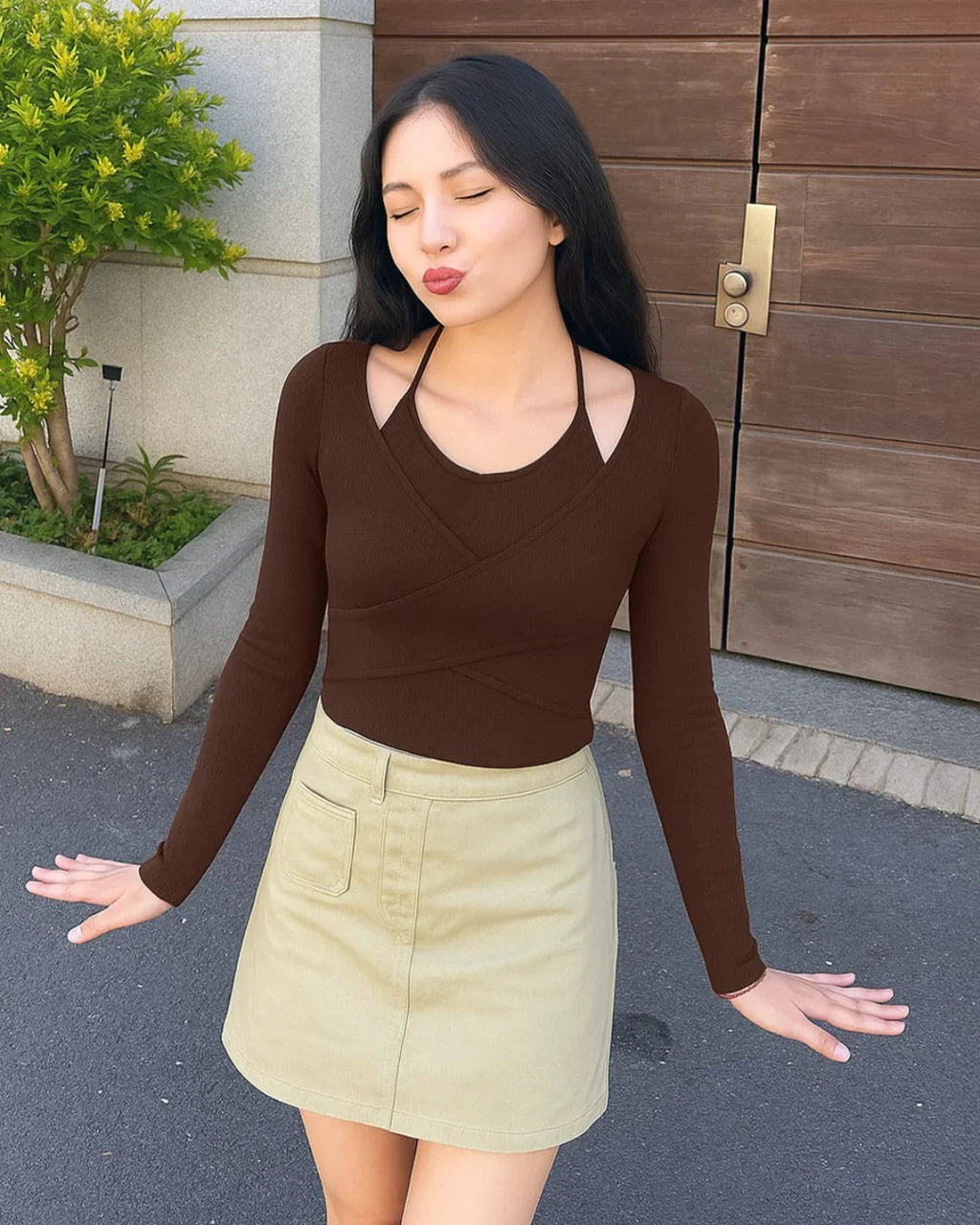 Wrap Style Long Sleeve Crop Top with Neck Tie in Brown
