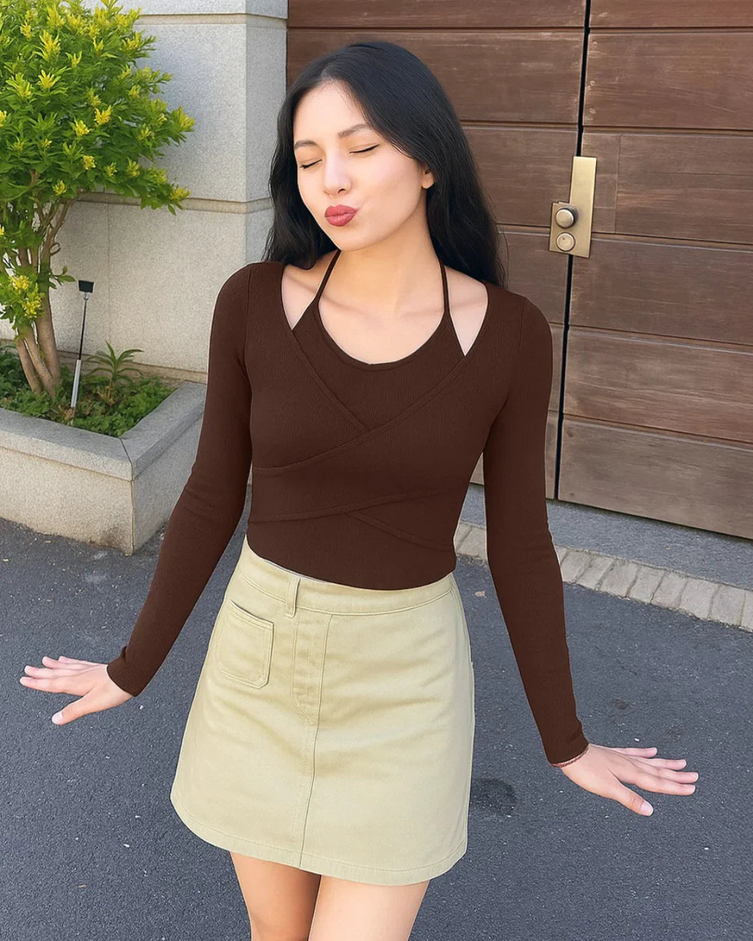 Wrap Style Long Sleeve Crop Top with Neck Tie in Brown