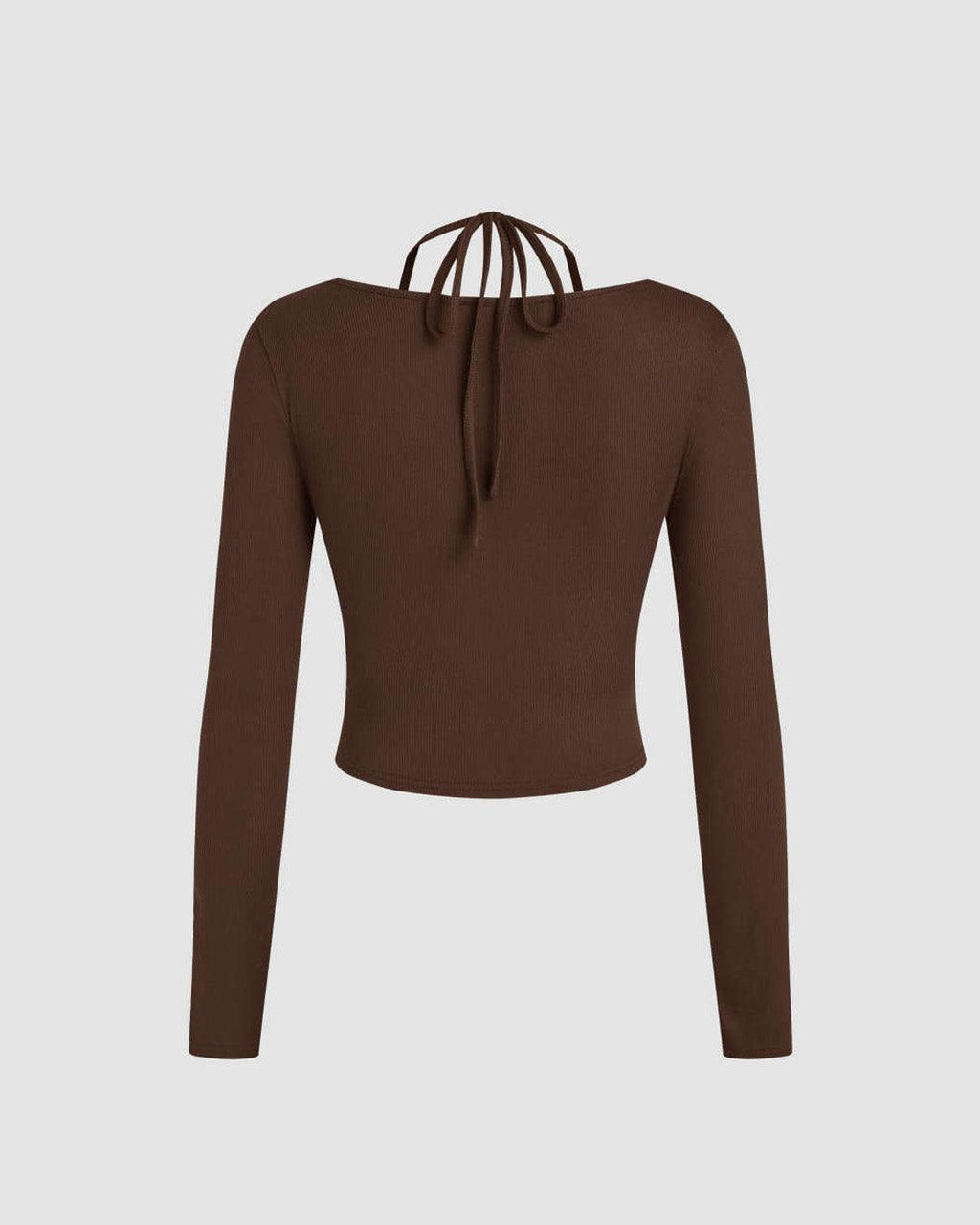 Wrap Style Long Sleeve Crop Top with Neck Tie in Brown