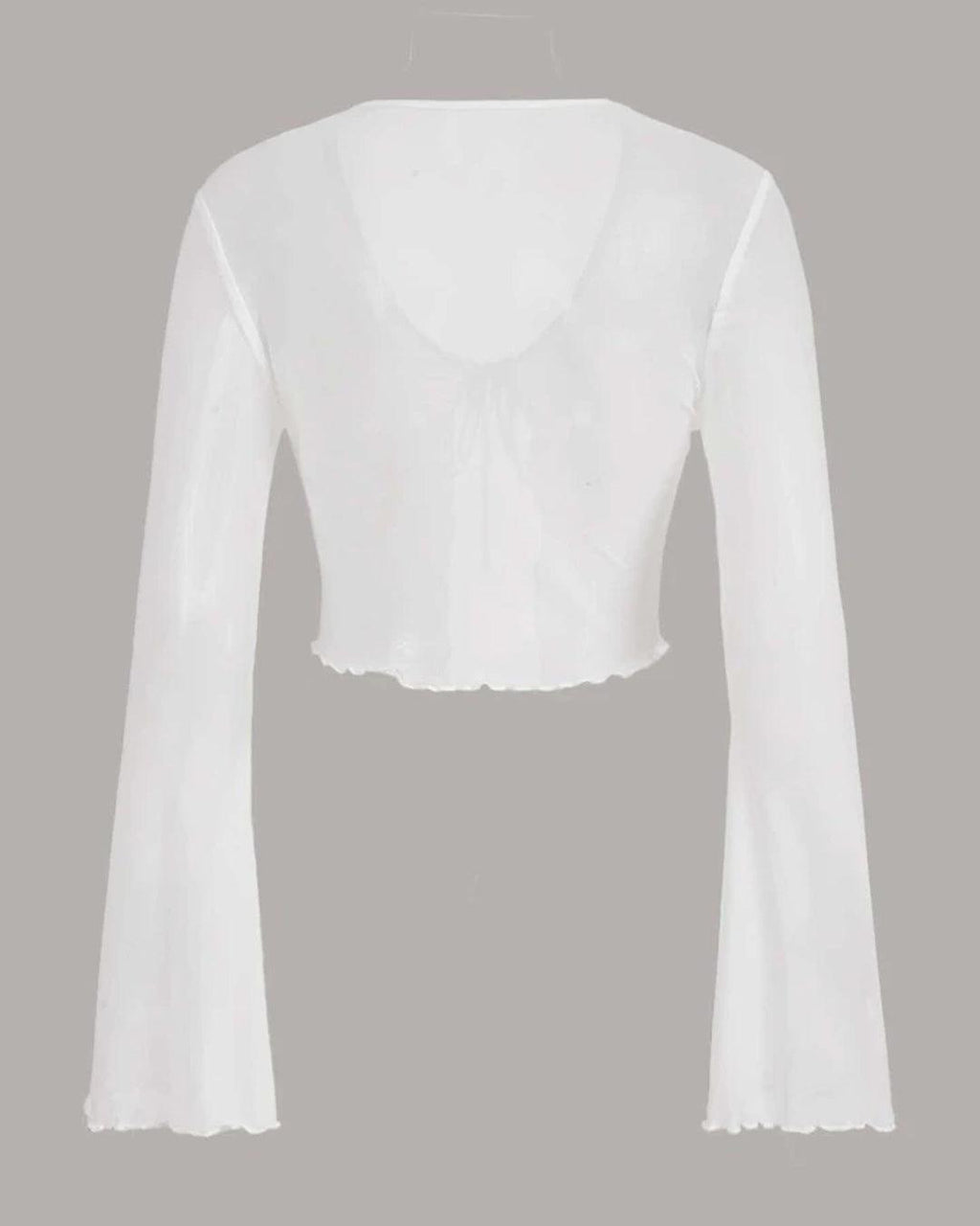 Y2K Cropped Tie Front Knot Shirred White Mesh Top