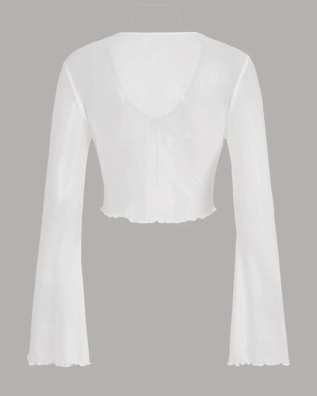 Y2K Cropped Tie Front Knot Shirred White Mesh Top