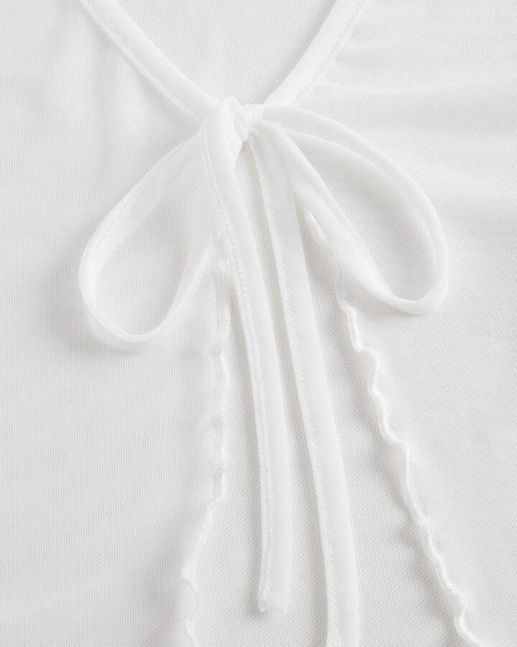 Y2K Cropped Tie Front Knot Shirred White Mesh Top