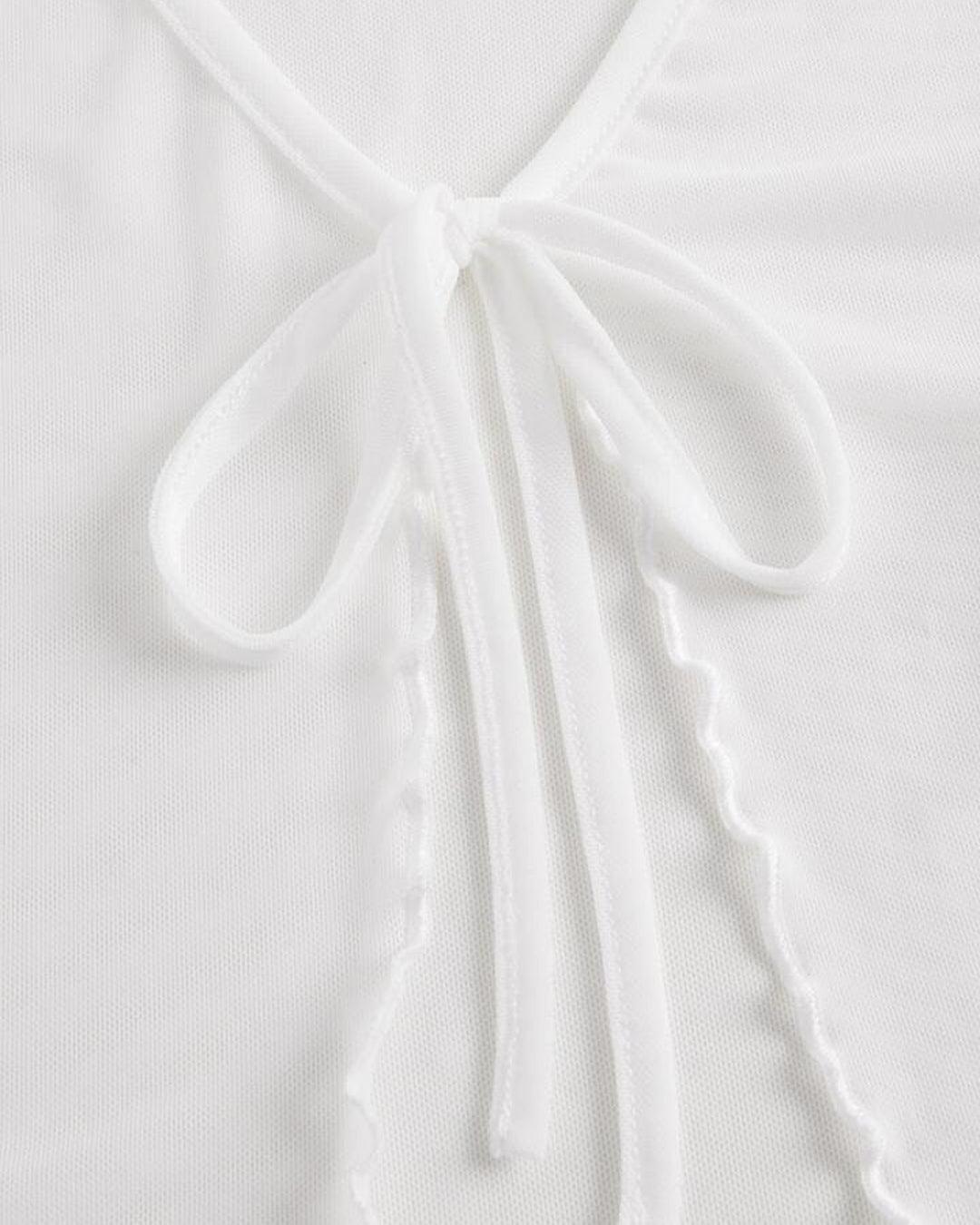 Y2K Cropped Tie Front Knot Shirred White Mesh Top