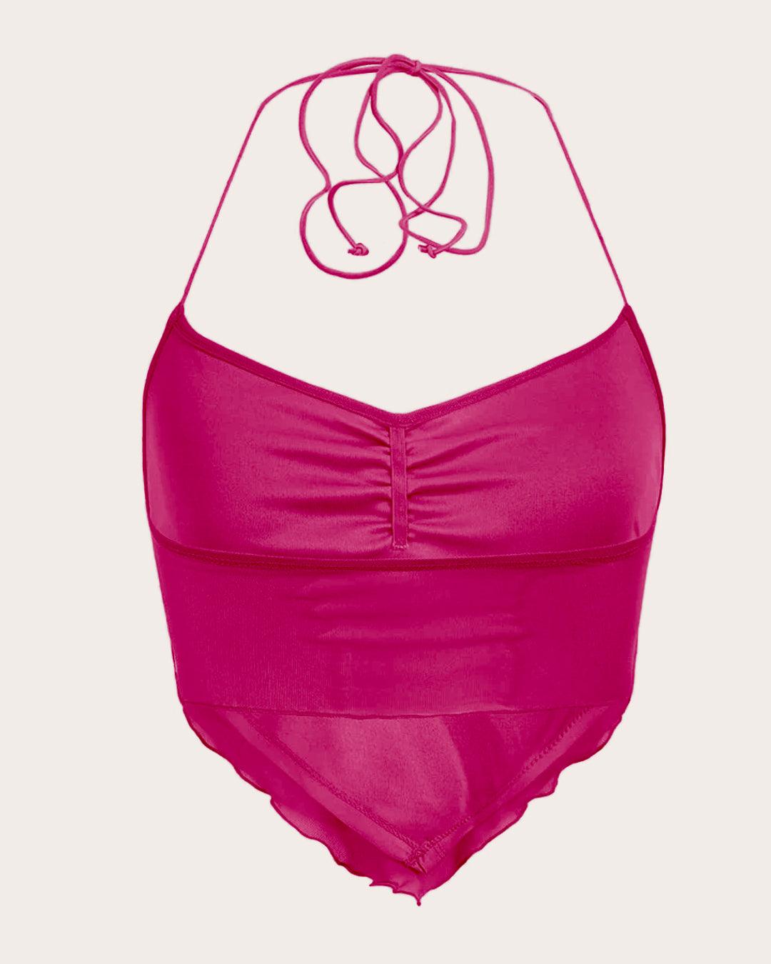 Y2K Ruched Tie Backless Hot Pink Mesh Top
