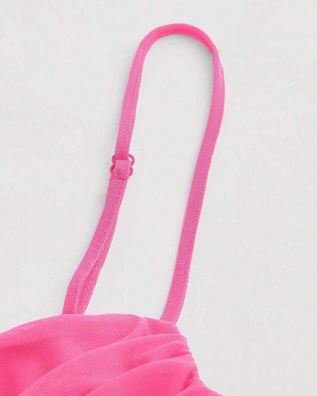 Y2K Solid Ruched Mesh Cami Hot Pink Top