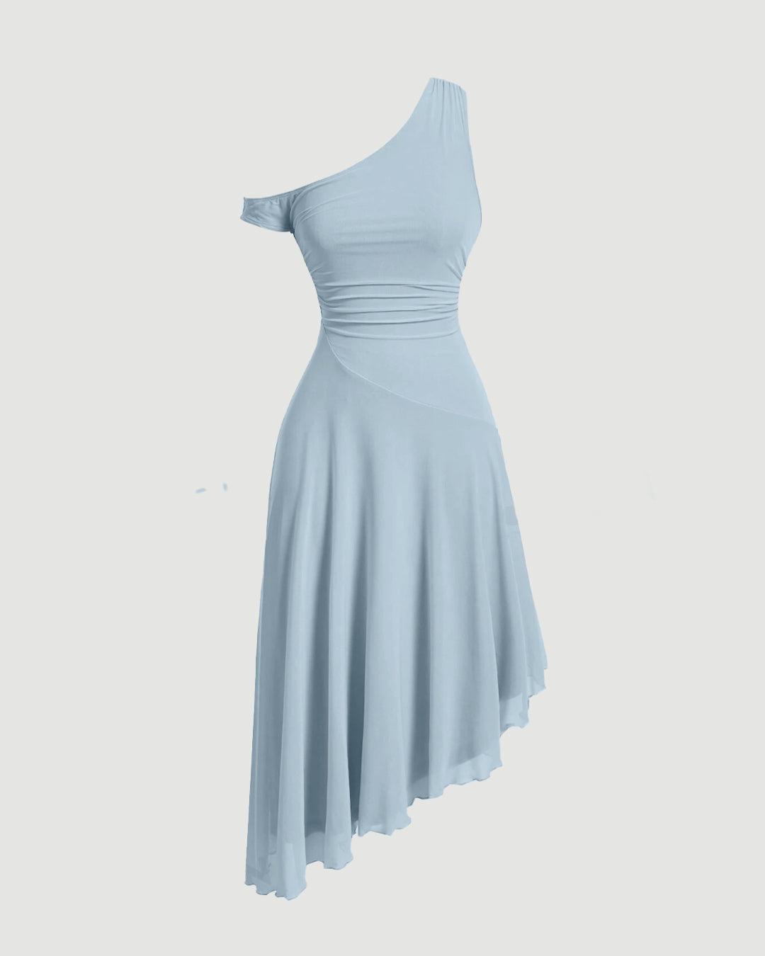 Y2K Style Asymmetric Neck Short Sleeve Light Blue Dress