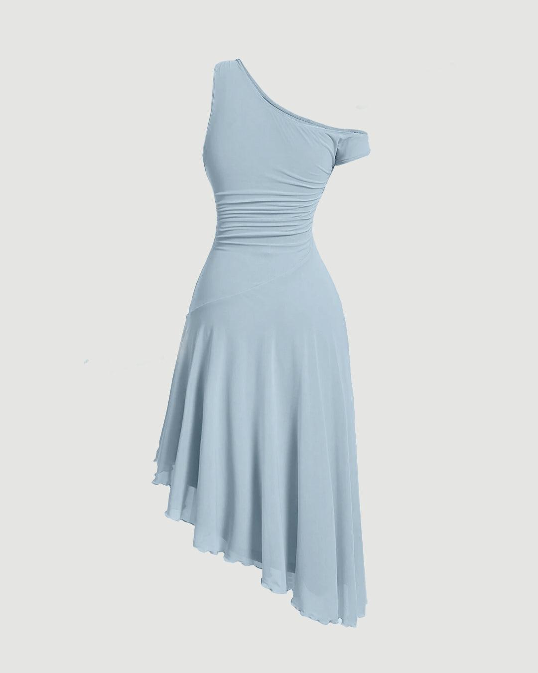 Y2K Style Asymmetric Neck Short Sleeve Light Blue Dress