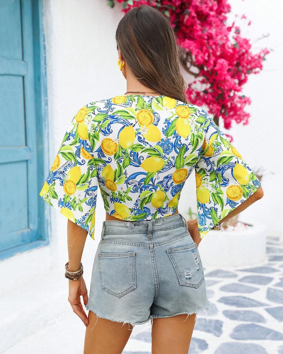 Yellow Floral Print Front Tie Bell Sleeve Top