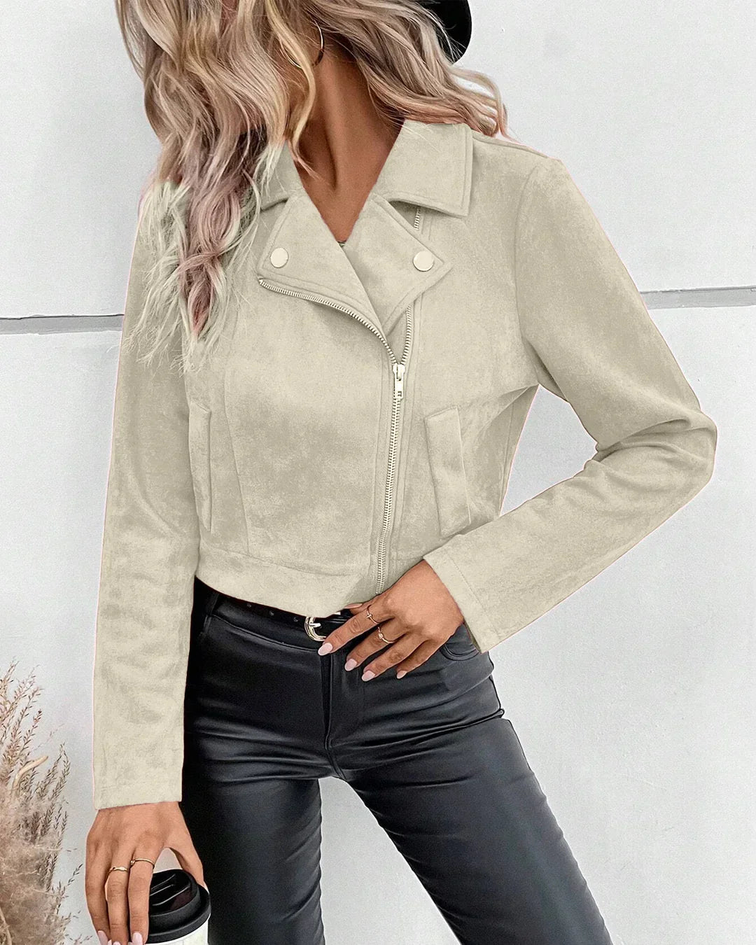 Zippered Lapel Waist Length Jacket in Beige