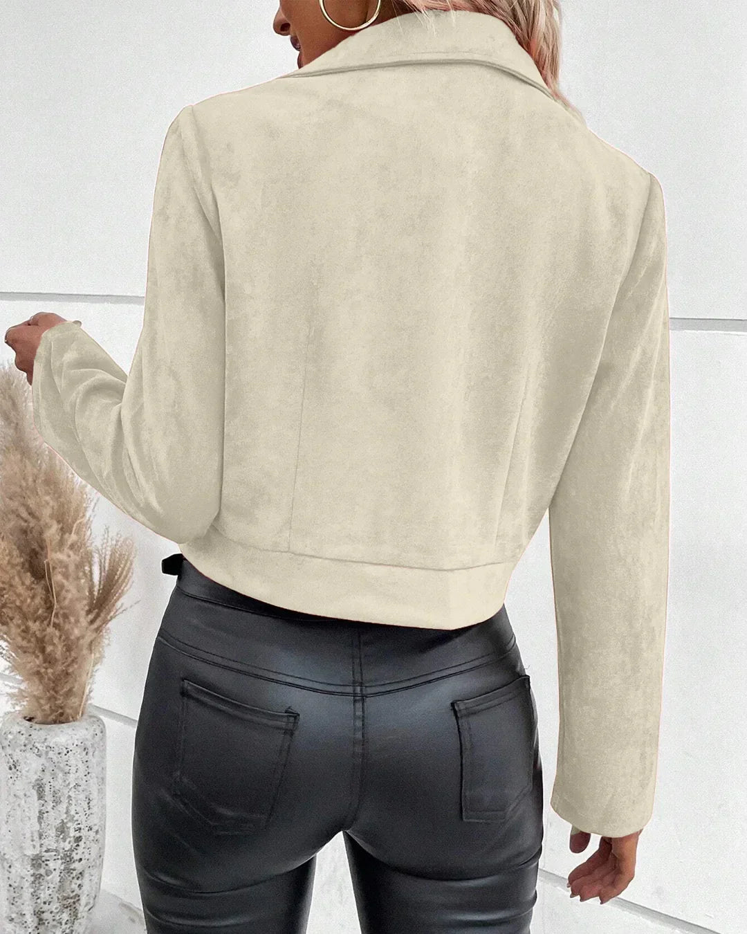 Zippered Lapel Waist Length Jacket in Beige
